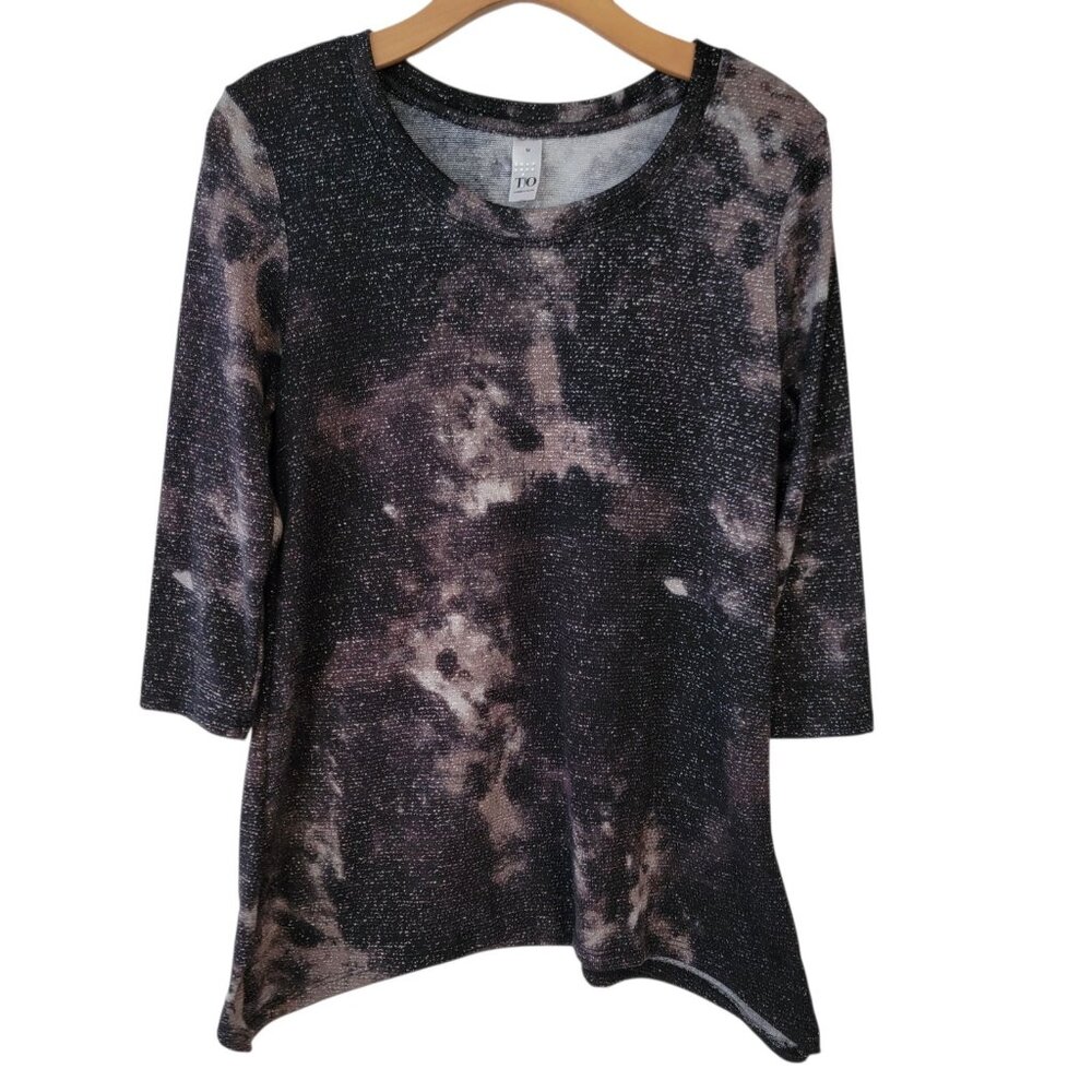 Thomas‎ & Olivia Top Womans Blouse Black M Abstract 3/4 Sleeve Round Neck